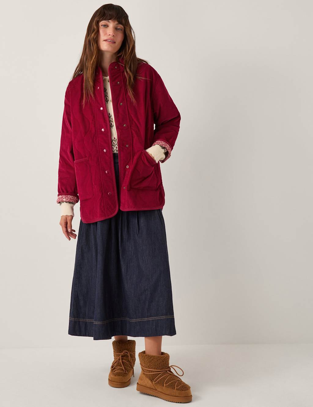 Monsoon Cord Quilted Lightweight Jacket Burgundy