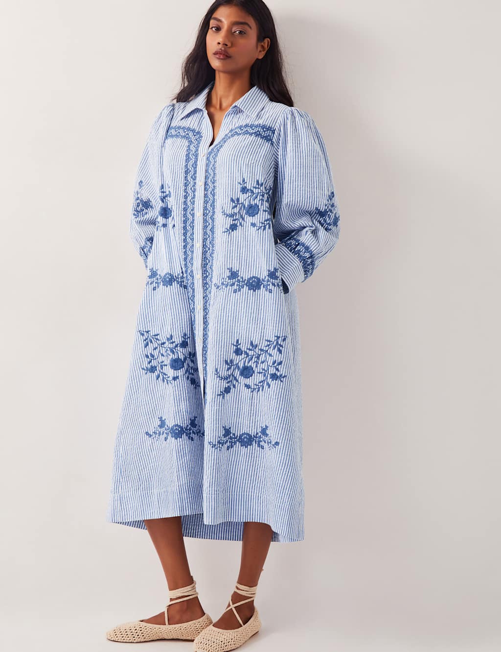 Pure Cotton Embroidered Midaxi Shirt Dress
