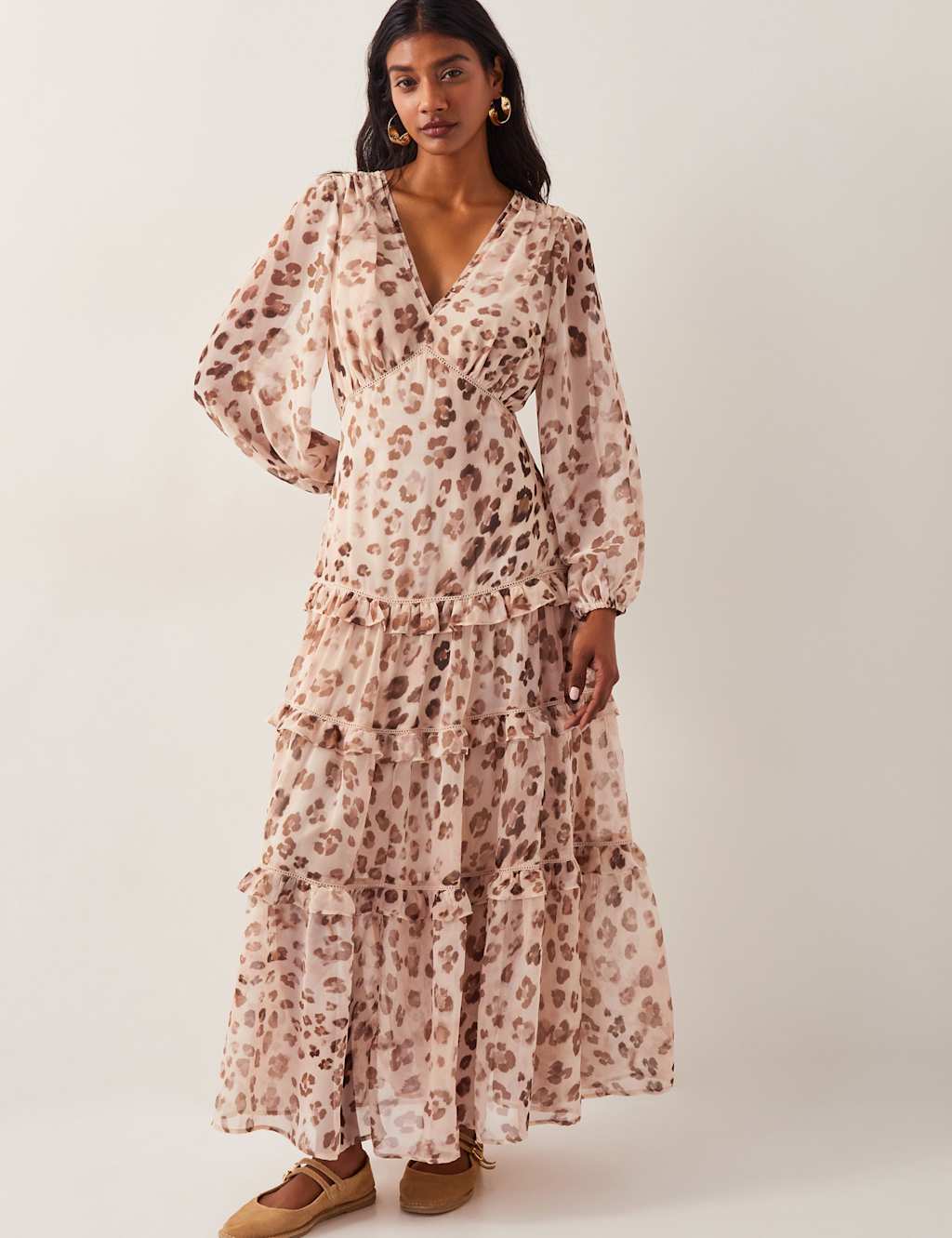Leopard Print V-Neck Maxi Tiered Dress