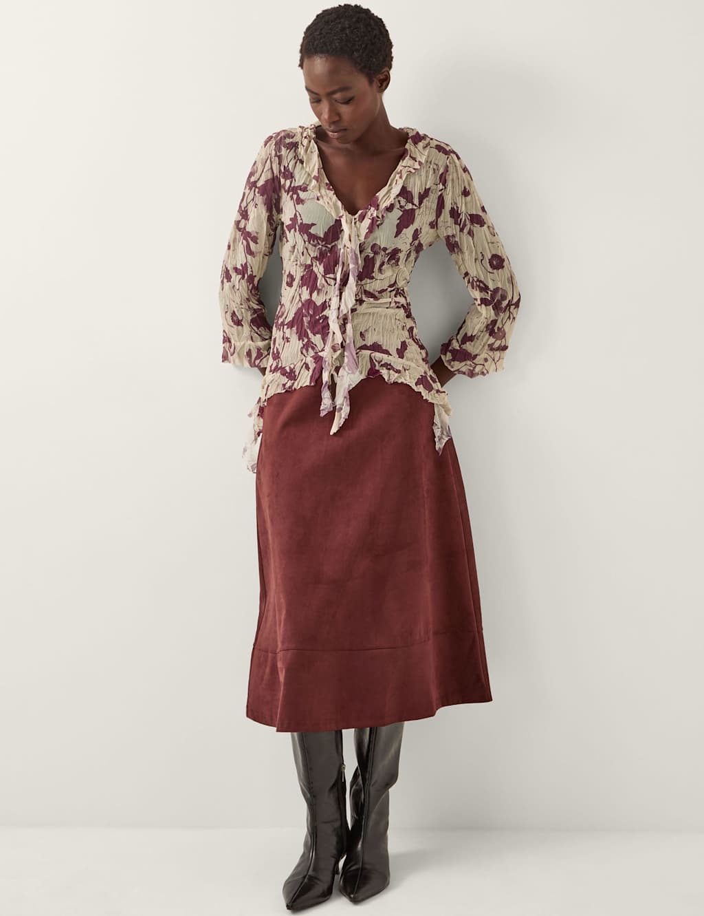 Monsoon Floral Crinkle V-Neck Frill Detail Top Natural Mix