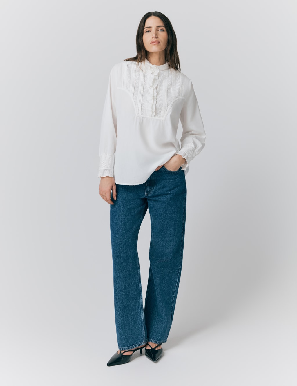 Pure Cotton EmbroideredLace Detail Shirt