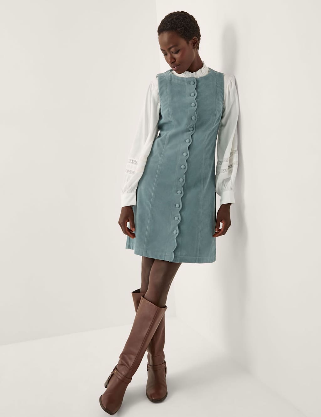 Monsoon Cord Button Through Knee Length Dress Blue