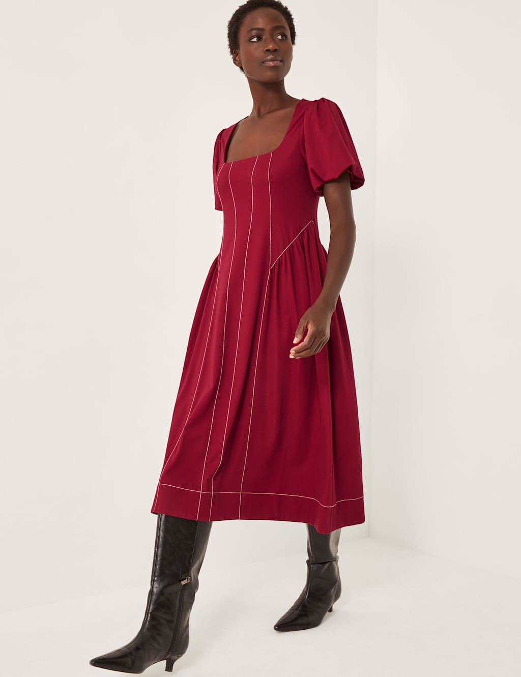 Monsoon Jersey Square Neck Puff Sleeve Midi Dress Berry