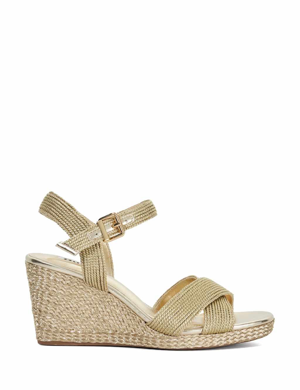 Dune London Metallic Raffia Wedge Sandals Gold