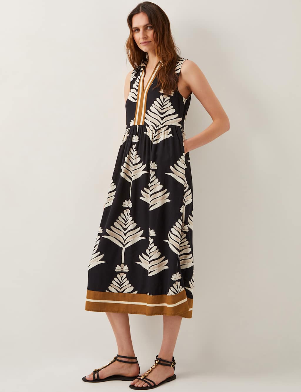 Leaf Print Collared V-Neck Midi Beach Dress With Linen