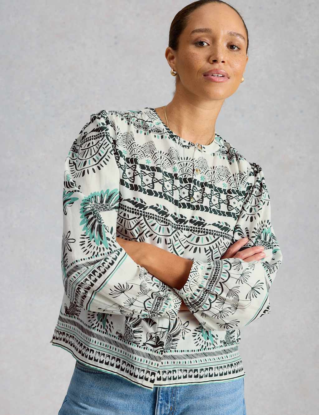 White Stuff Women's Pure Cotton Printed Puff Sleeve Blouse - 14 - White Mix - Available at M&S