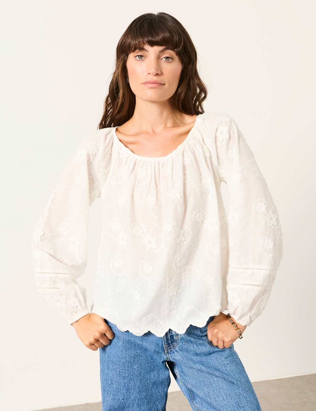 Fatface Women's Cotton Rich Floral Embroidered Blouse - 12 - White - Available at M&S