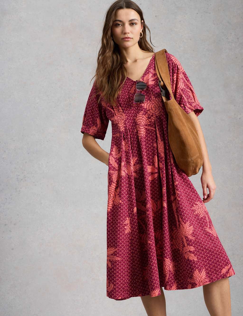 White Stuff Women's Linen Rich Printed V-Neck Midi Tea Dress - 12 - Pink Mix - Available at M&S