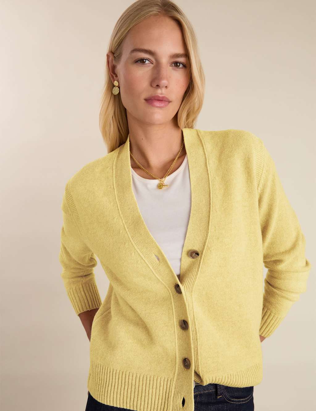 Baukjen Women's Merino Wool Blend V-Neck Cardigan - 10 - Yellow - Available at M&S