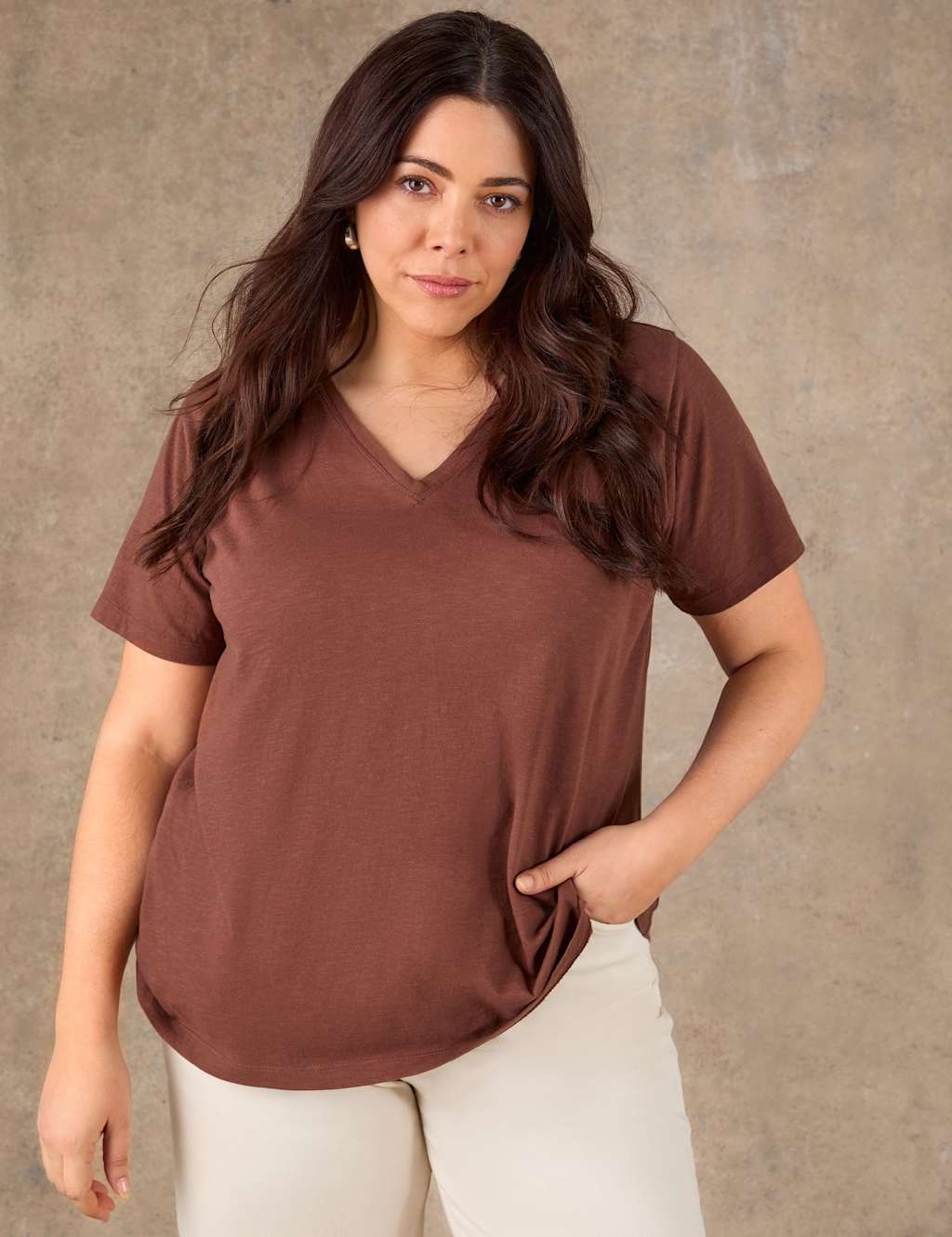 Live Unlimited London Women's Pure Cotton V-Neck Relaxed T-Shirt - 28 - Brown - Available at M&S