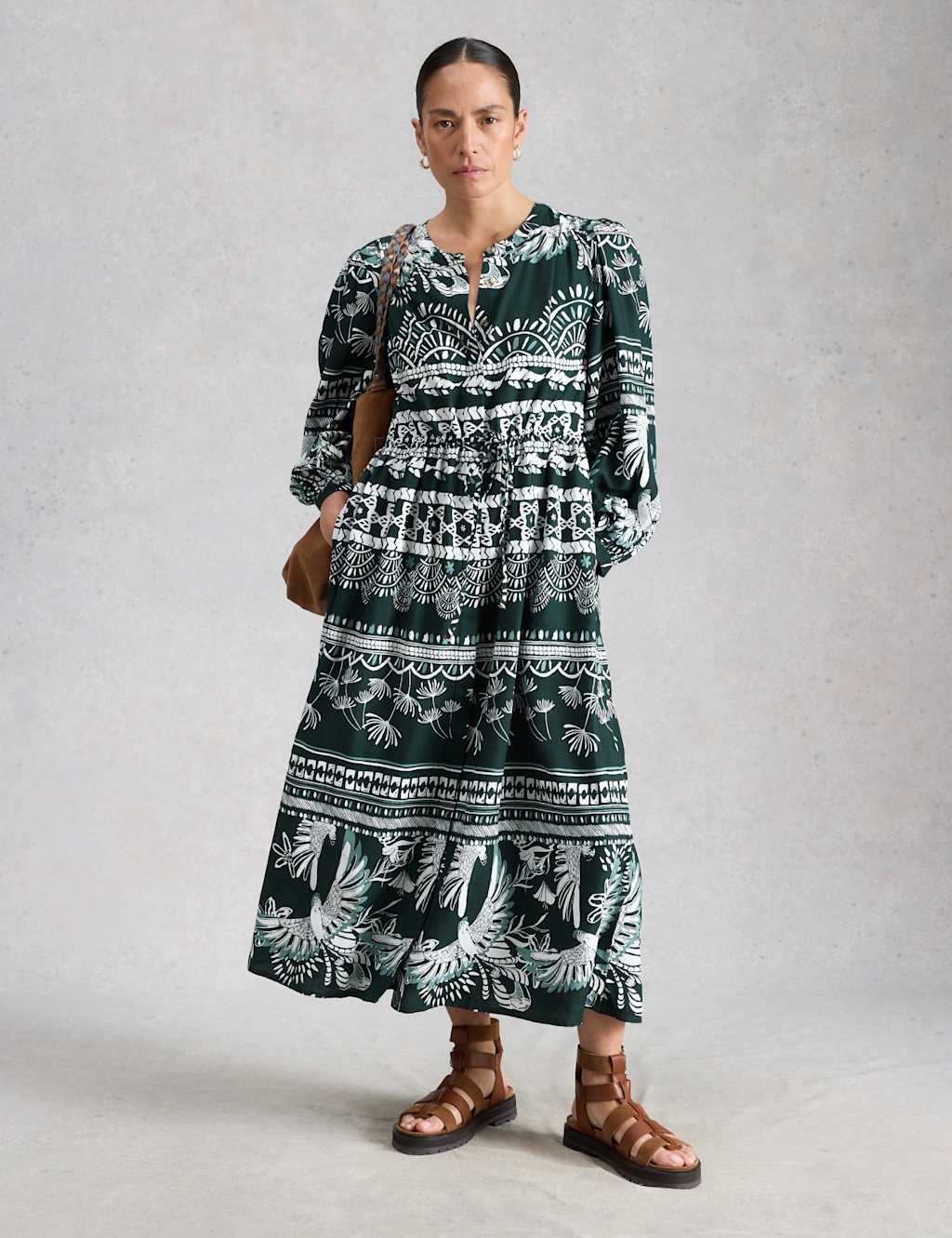 White Stuff Women's Printed Tie Waist Midi Tea Dress - 18 - Green Mix - Available at M&S