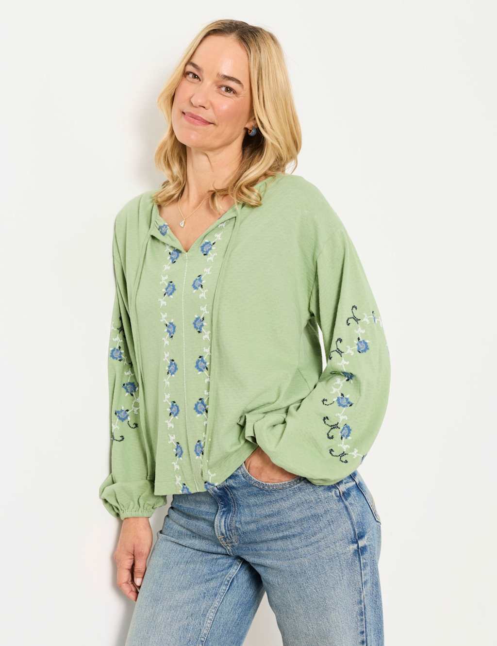 Fatface Women's Pure Cotton Embroidered Tie Neck Blouse - 14 - Green Mix - Available at M&S
