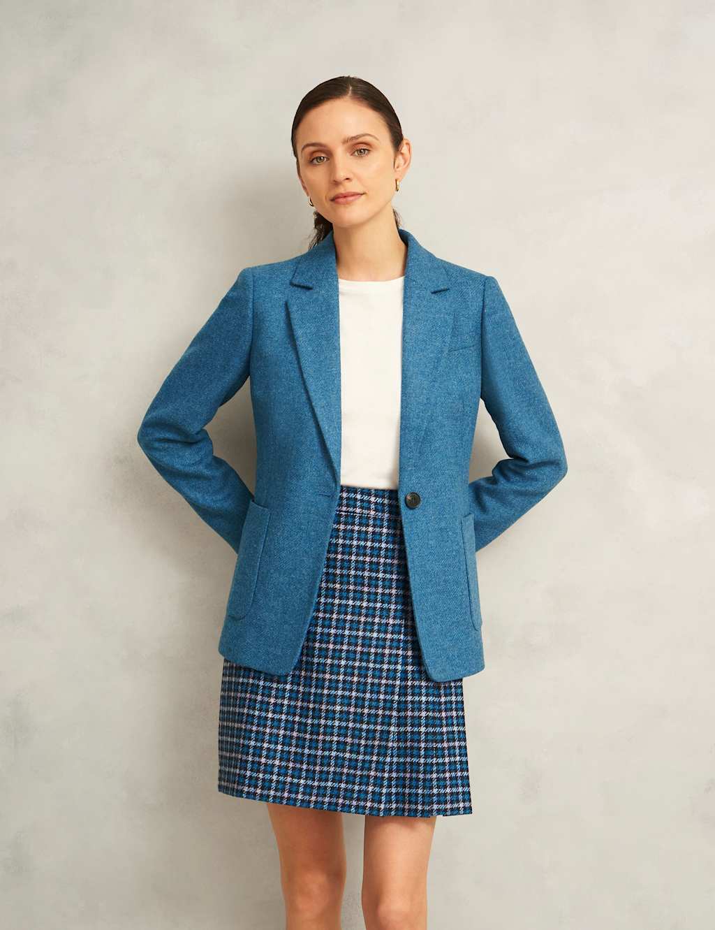 HOBBS Pure Wool Checked Pleat Front Mini A-Line Skirt Blue