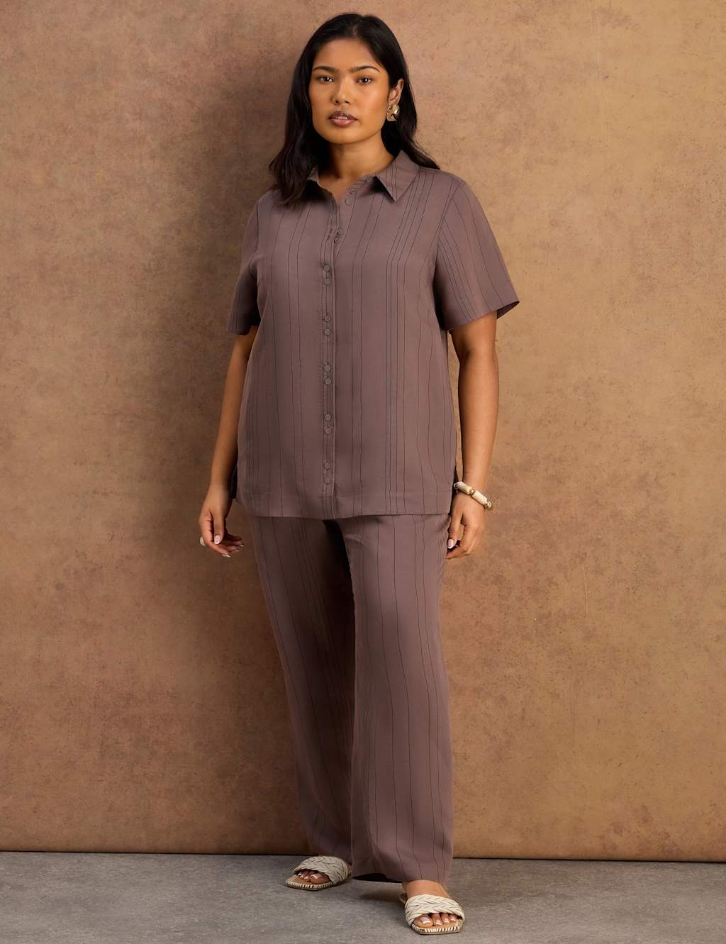 Live Unlimited London Women's Modal Rich Striped Wide Leg Trousers - 26 - Brown - Available at M&S