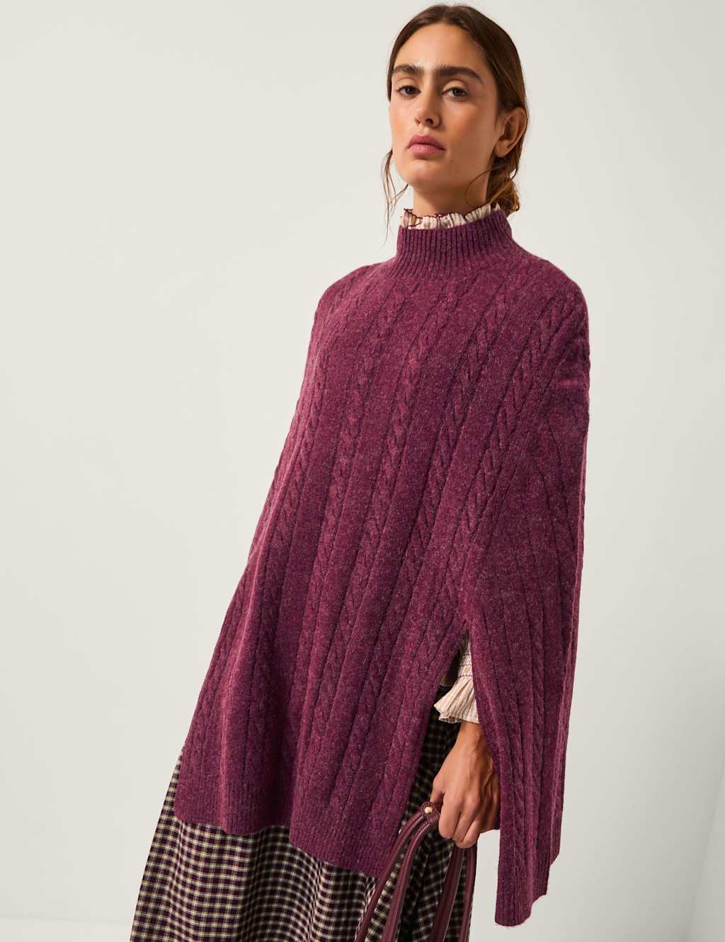 Monsoon Cable Knit Funnel Neck Poncho with Wool Berry