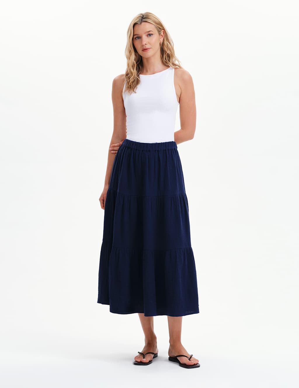 Finery London Women's Pure Cotton Cheesecloth Midi Tiered Skirt - 14 - Navy - Available at M&S