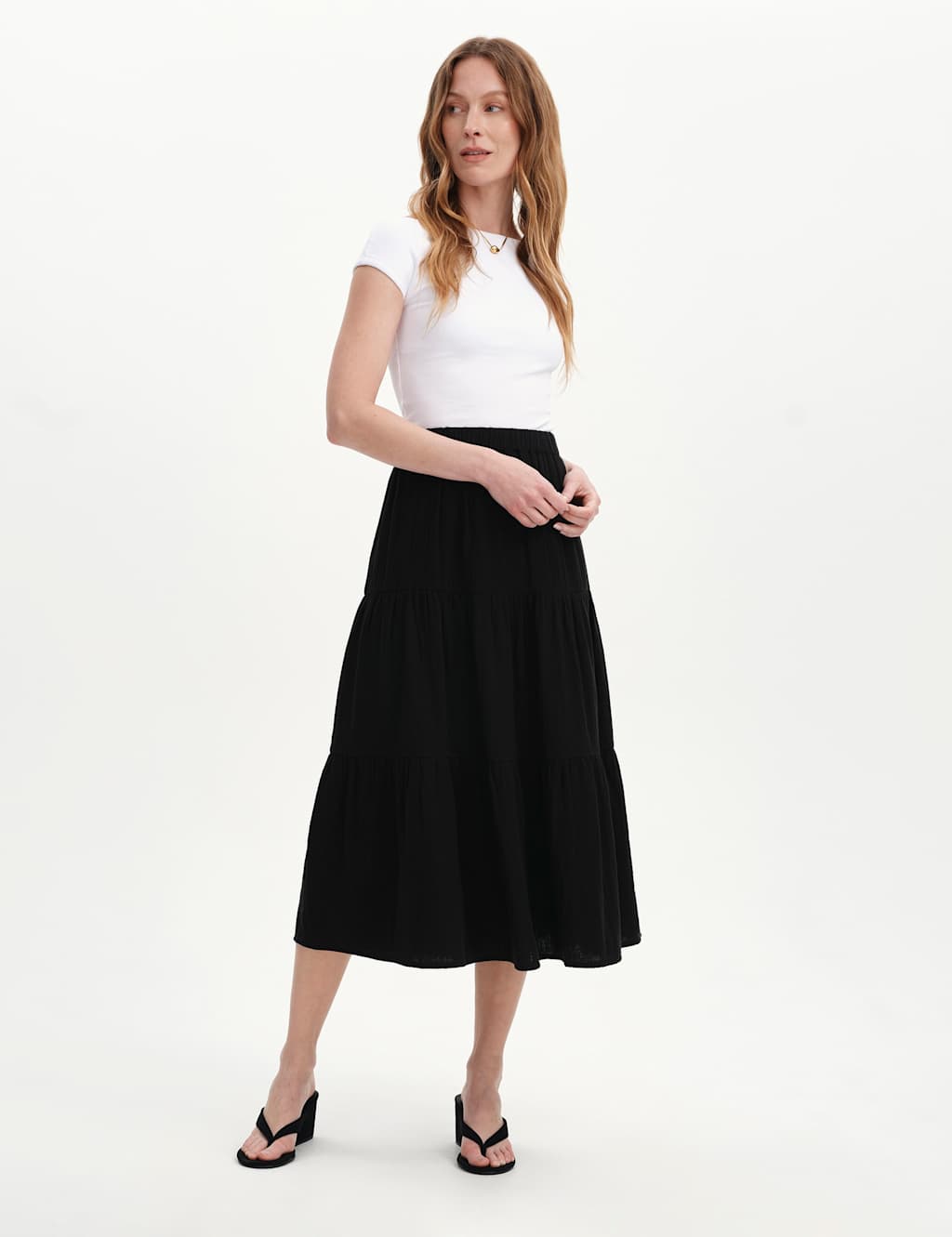 Finery London Women's Pure Cotton Cheesecloth Midi Tiered Skirt - 14 - Black - Available at M&S