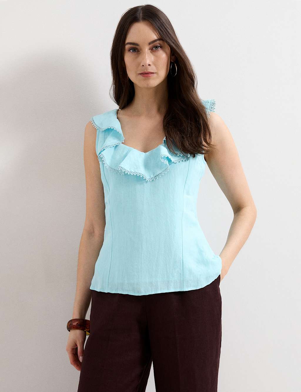 Phase Eight Women's Linen Rich Ruffle Trim Top - 10 - Pale Blue - Available at M&S