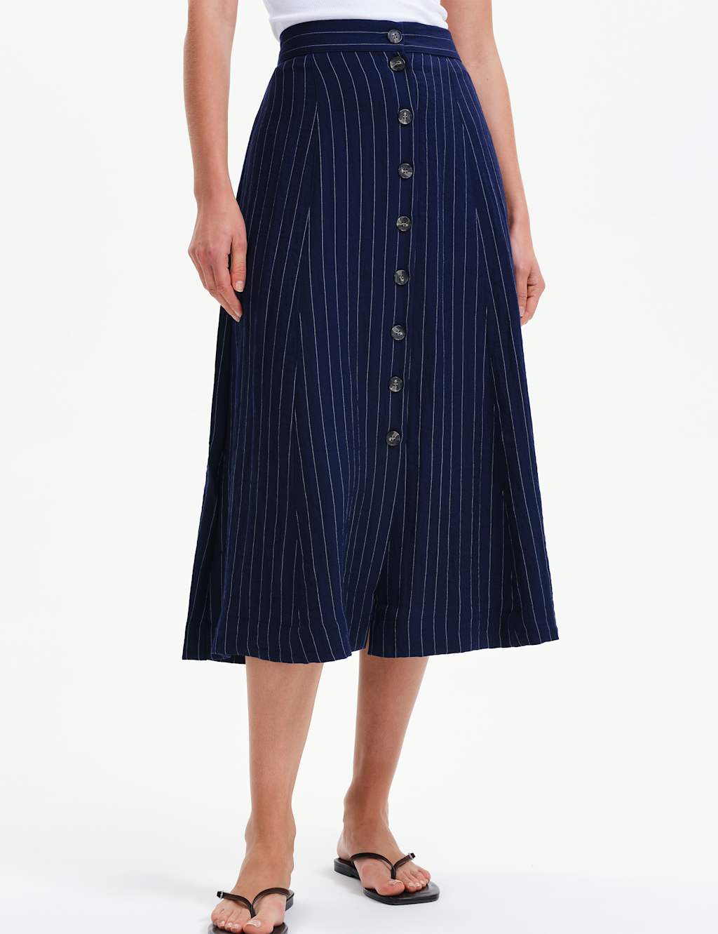 Finery London Women's Striped Button Front Midi A-Line Skirt - 24 - Navy Mix - Available at M&S
