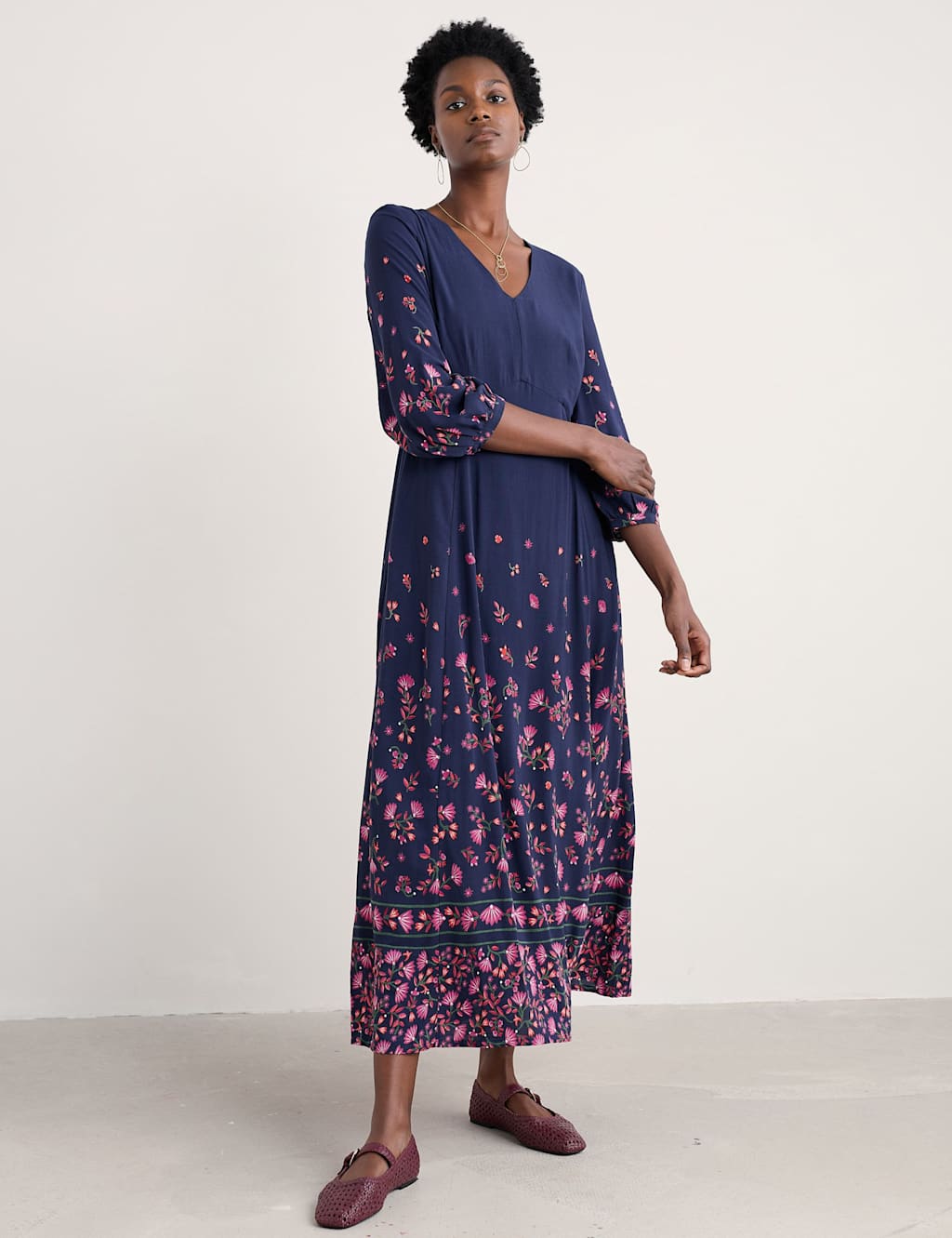 Seasalt Cornwall Floral V-Neck Midaxi Waisted Dress Navy Mix