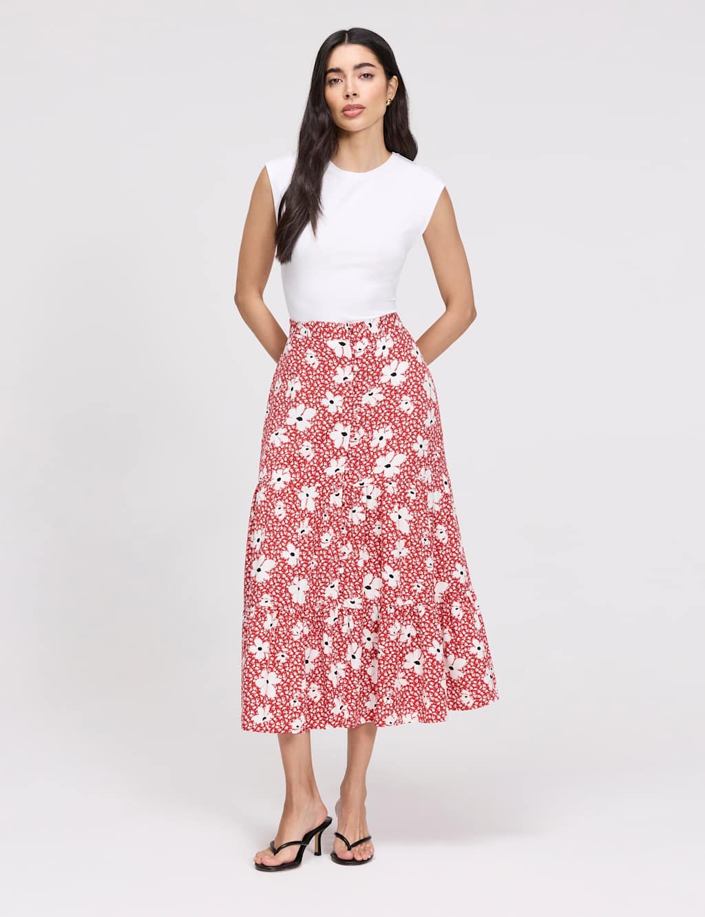 Finery London Women's Floral Button Front Midi Tiered Skirt - 18 - Red Mix - Available at M&S