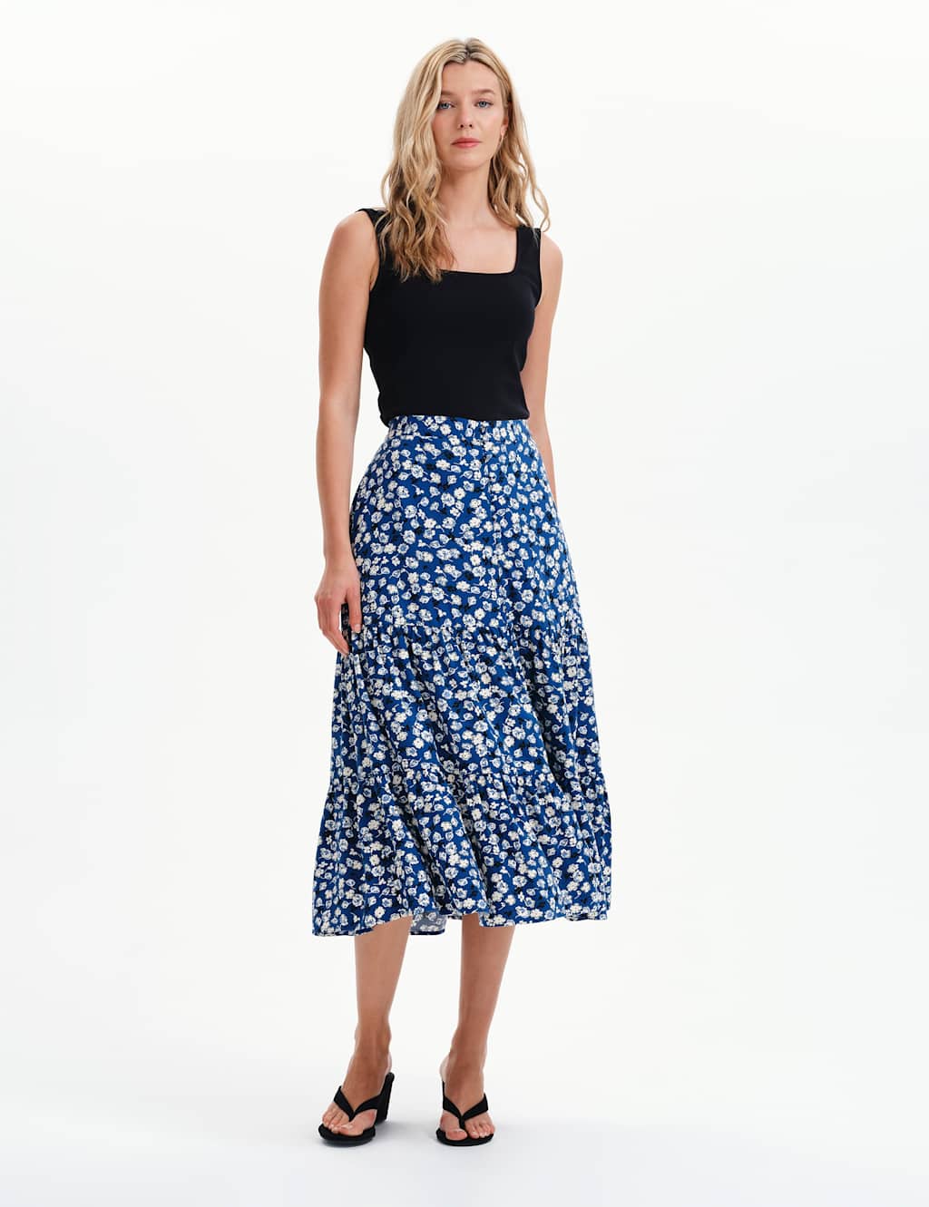 Finery London Women's Floral Button Through Midi Tiered Skirt - 24 - Navy Mix - Available at M&S