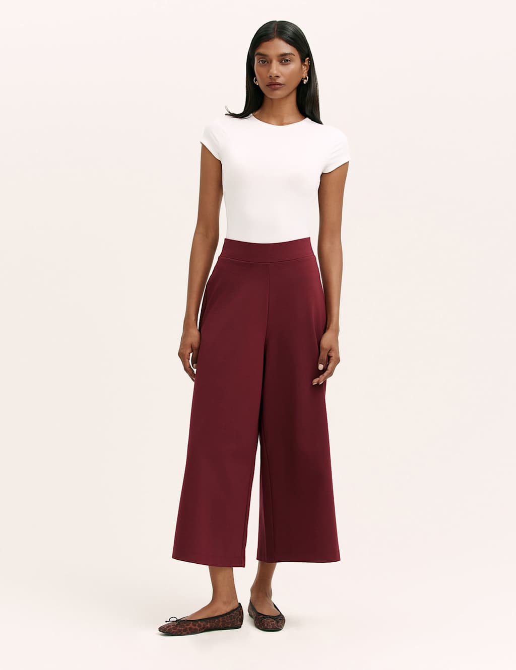 Finery London Jersey Wide Leg Cropped Trousers Burgundy