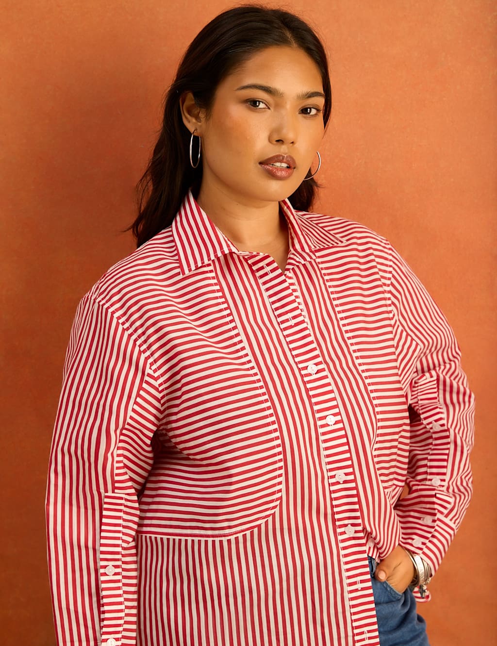 Live Unlimited London Women's Lyocell Rich Striped Button Through Shirt - 14 - Red Mix - Available at M&S