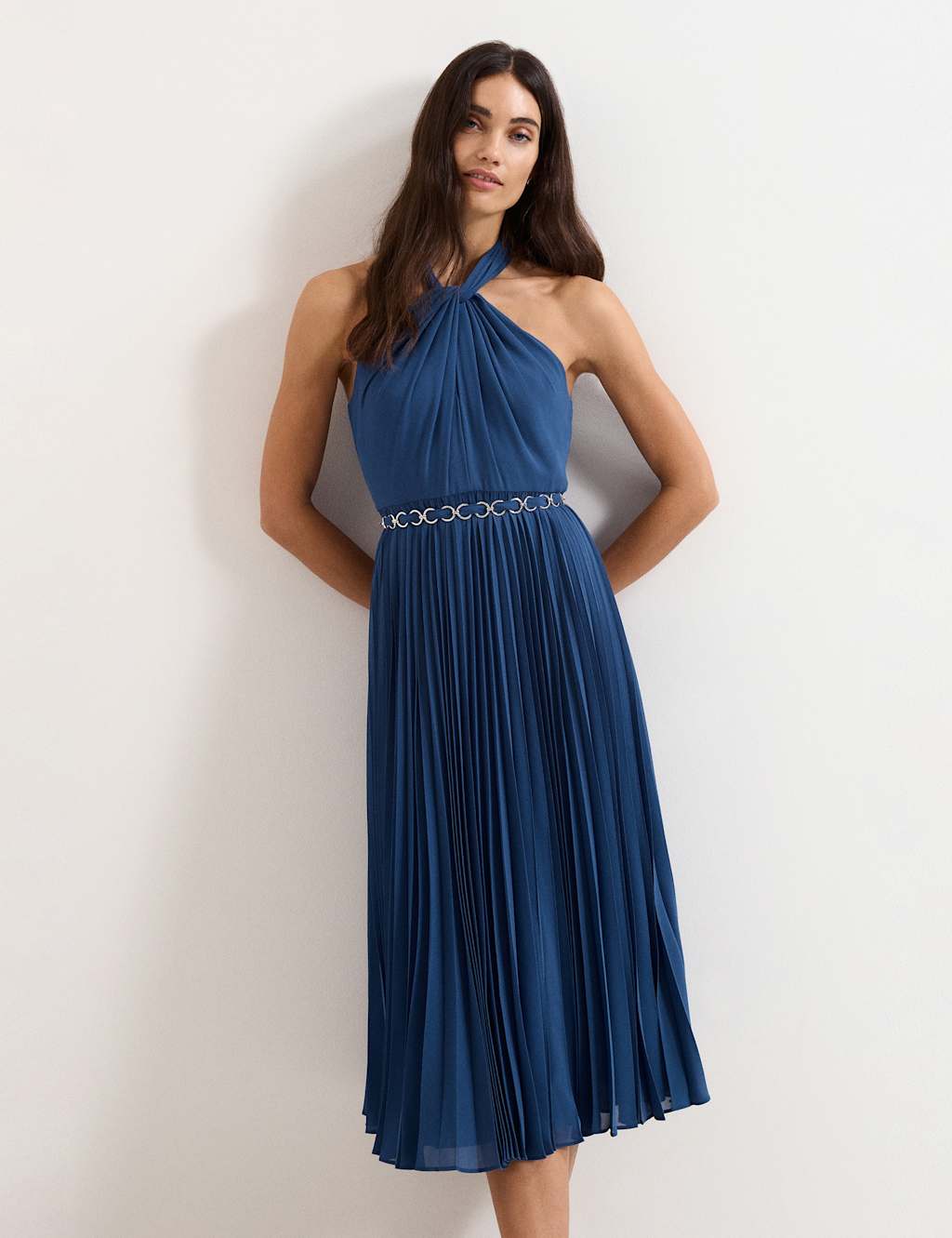 Phase Eight Women's Halter Neck Pleated Midi Skater Dress - 16 - Indigo - Available at M&S