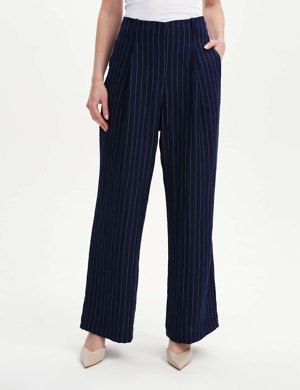 Finery London Women's Striped Wide Leg Trousers - 14 - Navy Mix - Available at M&S