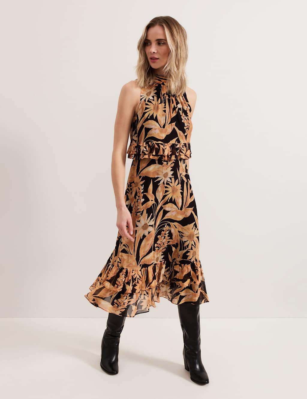 Floral High Neck Midi Tiered Dress