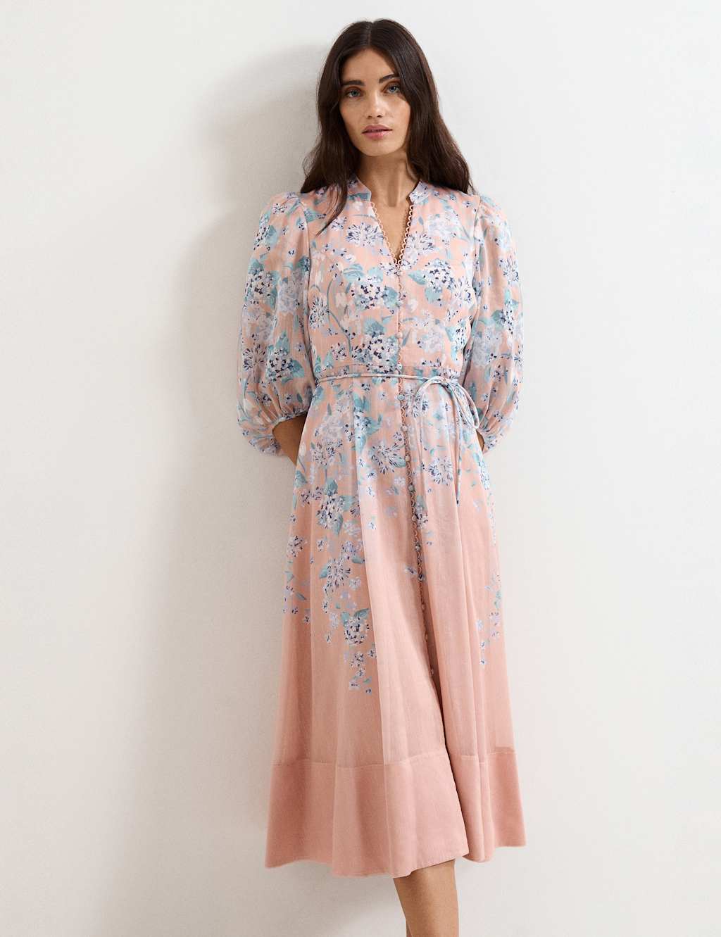 Phase Eight Women's Linen Blend Floral Midi Skater Dress - 10 - Light Pink Mix - Available at M&S