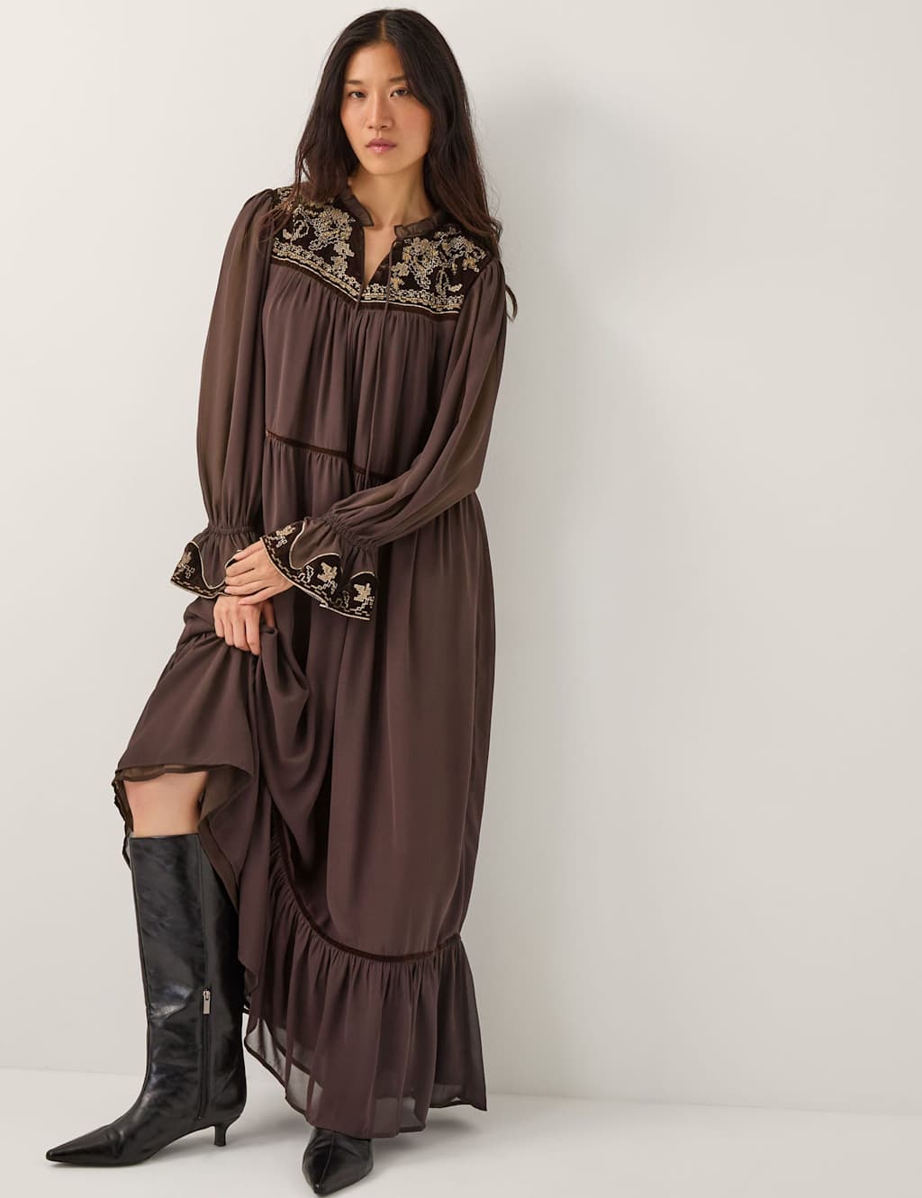 Monsoon Embroidered Tie Neck Maxi Smock Dress Chocolate