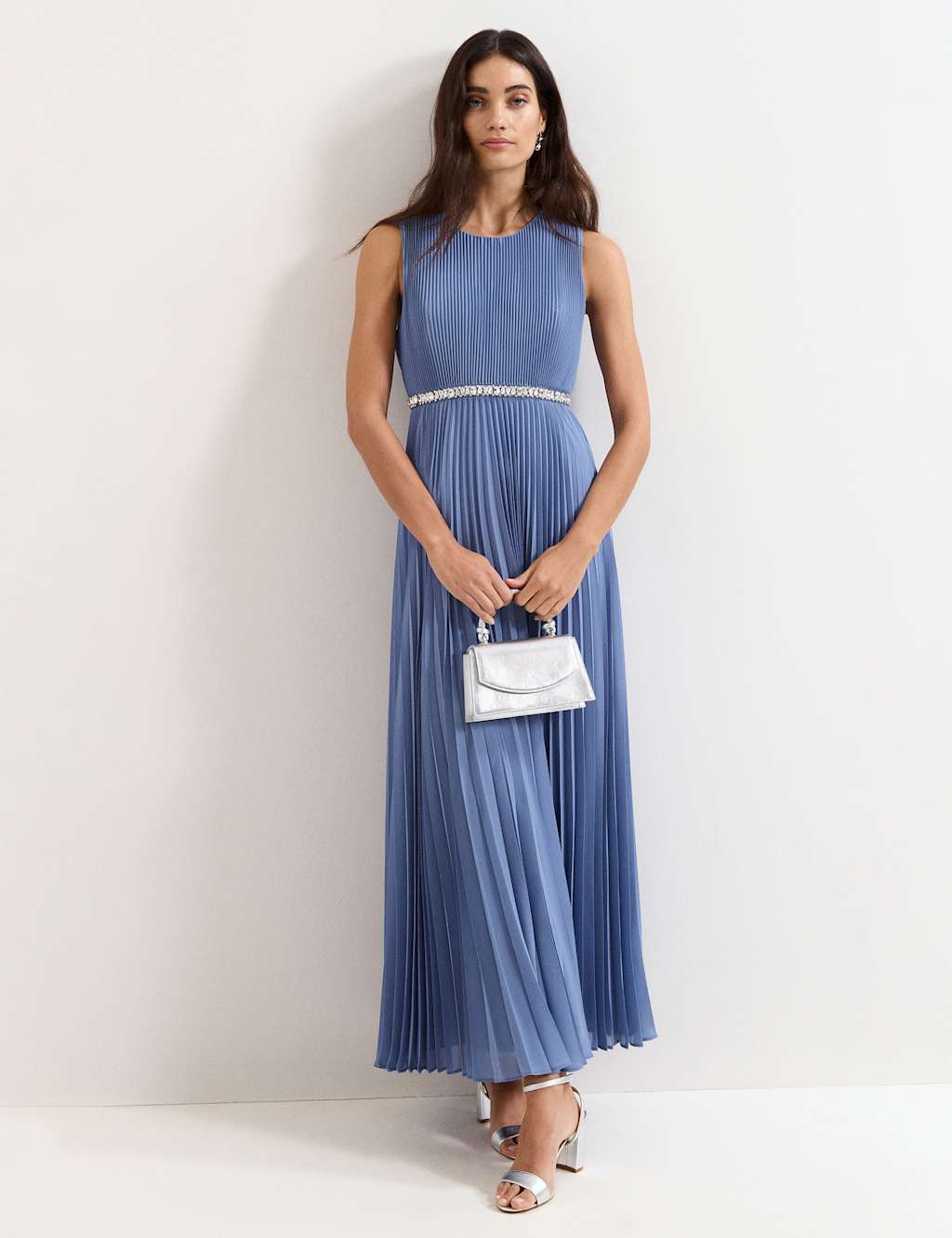 Phase Eight Women's Round Neck Pleated Maxi Skater Dress - 12 - Pale Blue - Available at M&S
