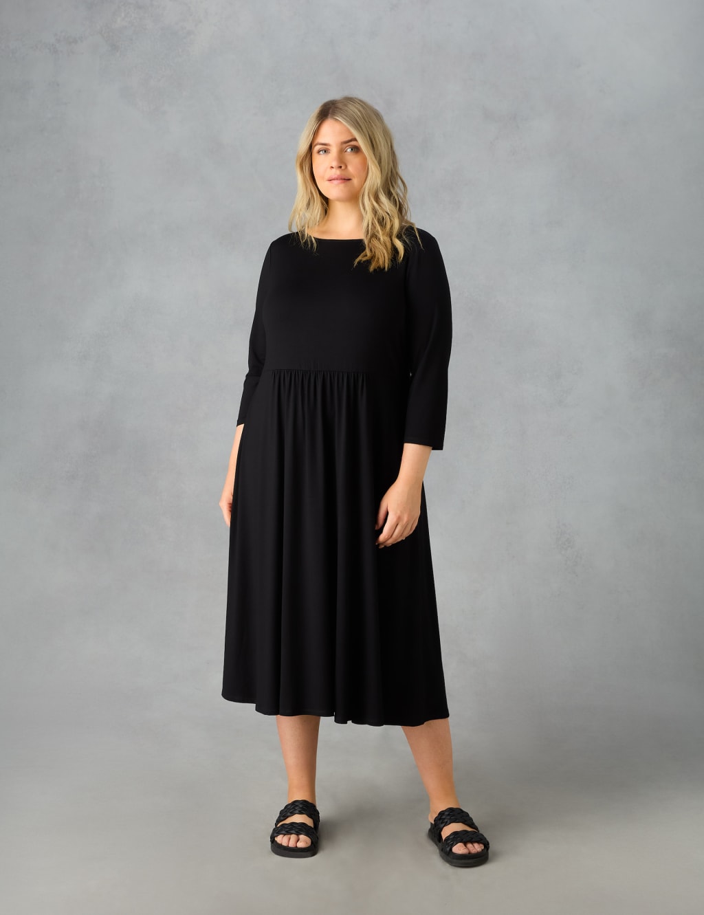 Jersey Slash Neck Midi Swing Dress