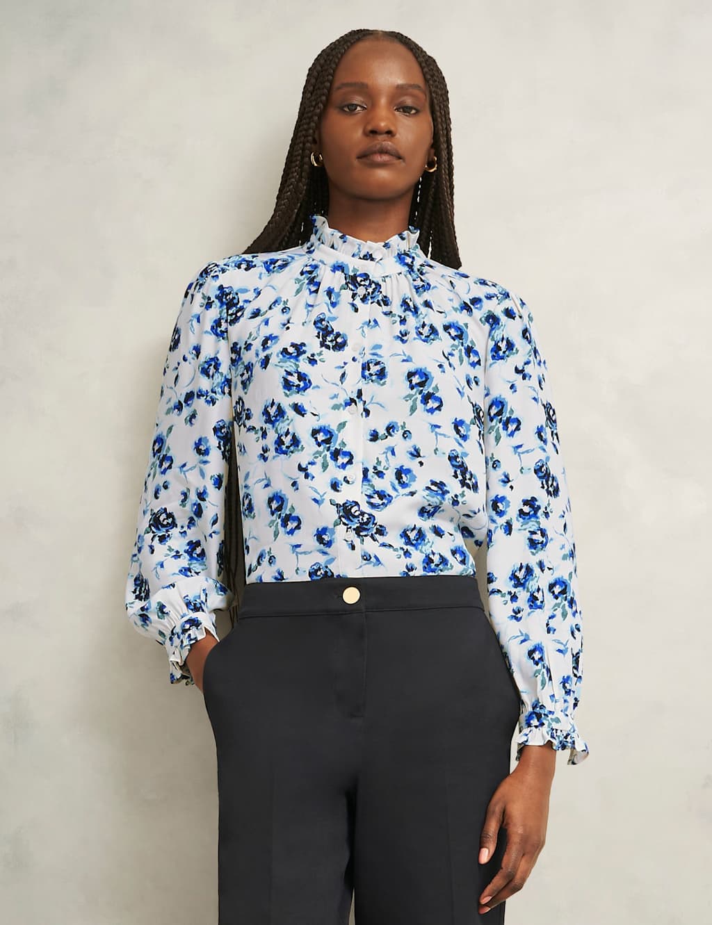 HOBBS Floral Frill Neck Blouson Sleeve Blouse Multi