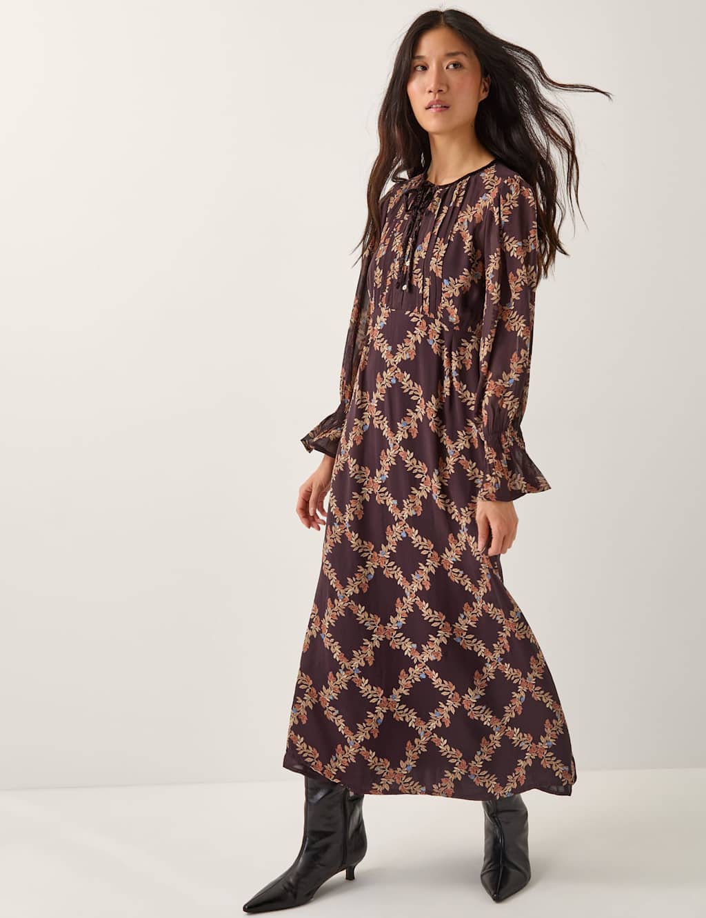 Monsoon Printed Tie Neck Midi Tea Dress Chocolate