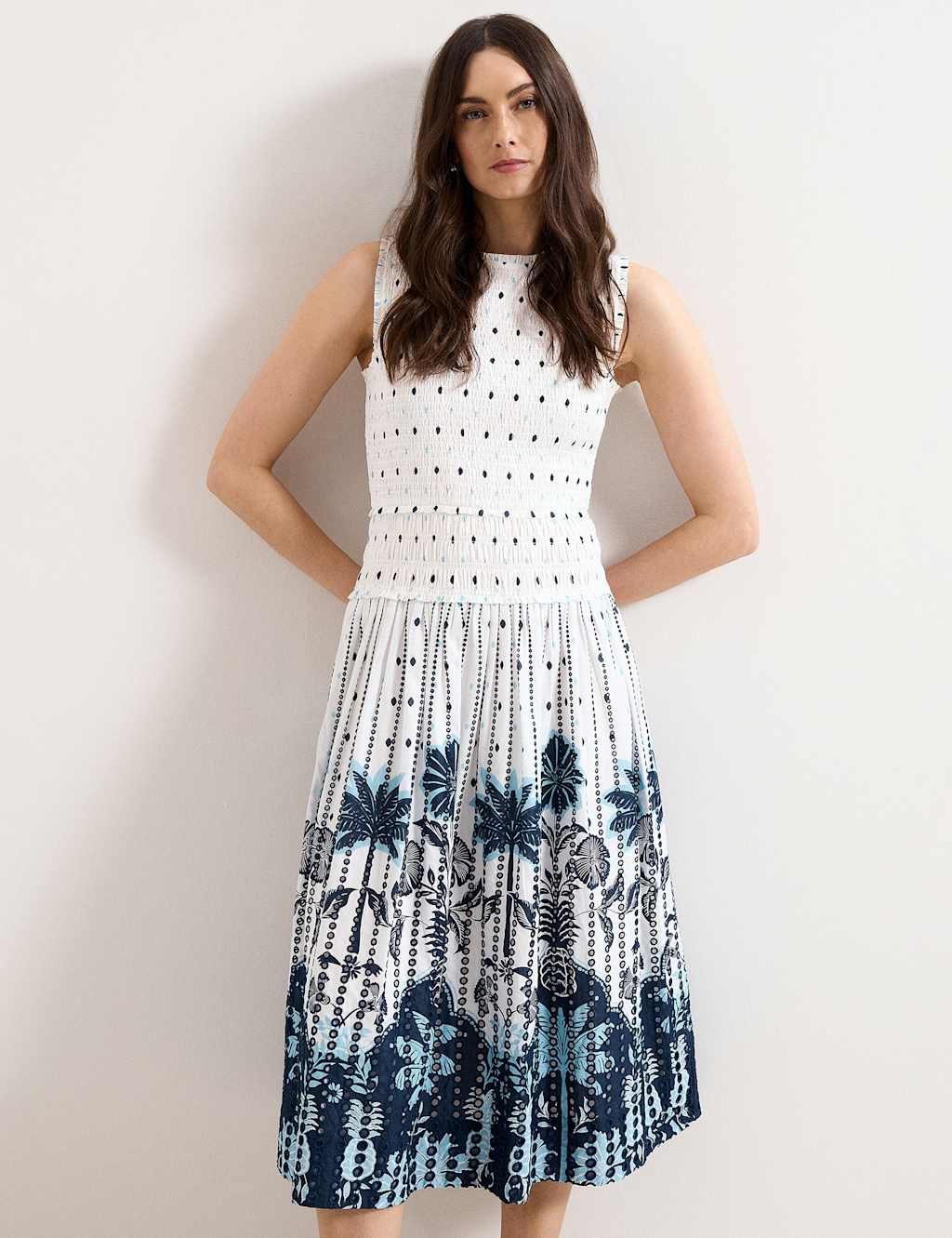 Phase Eight Women's Pure Cotton Printed Midi Shirred Dress - 16 - White Mix - Available at M&S