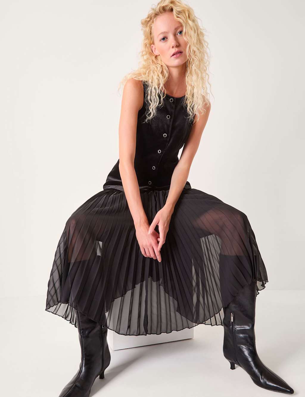 Monsoon Round Neck Midi Swing Dress Black