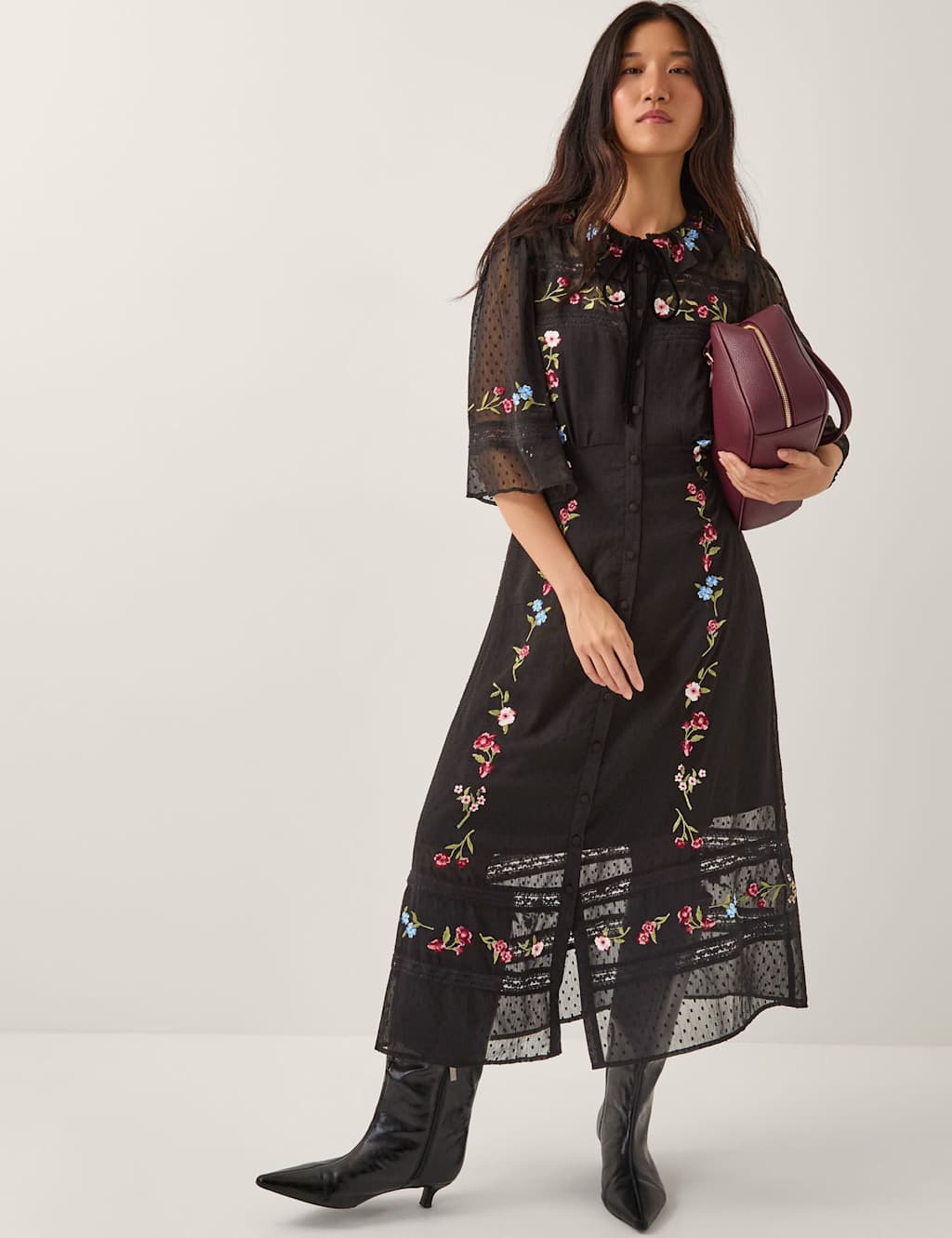 Monsoon Embroidered Tie Neck Midi Tea Dress Black Mix