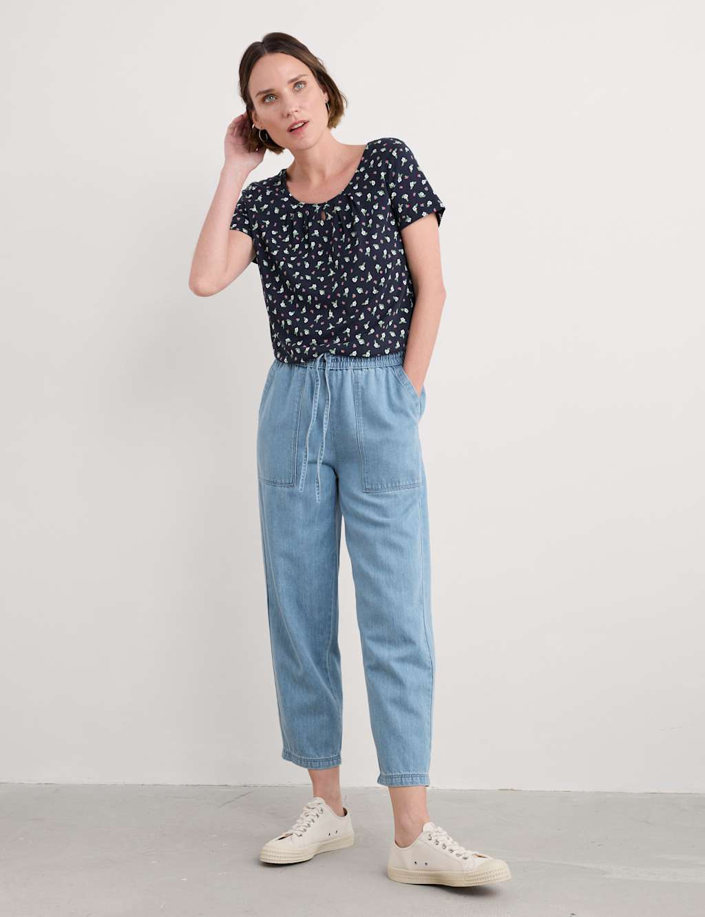 Pure Cotton Floral Keyhole T-Shirt
