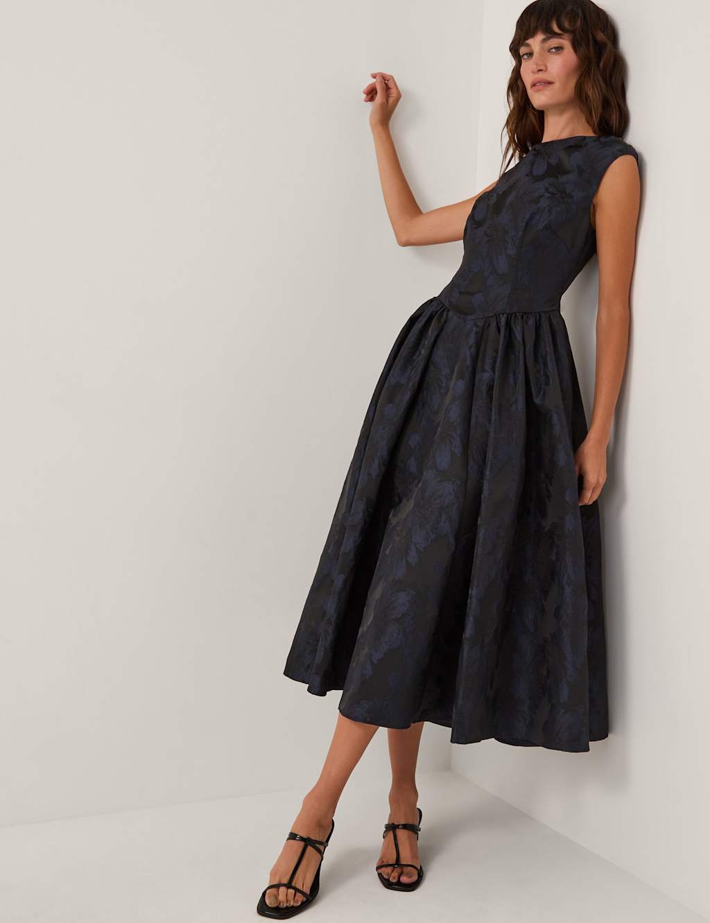 Monsoon Jacquard Midi Swing Dress Navy