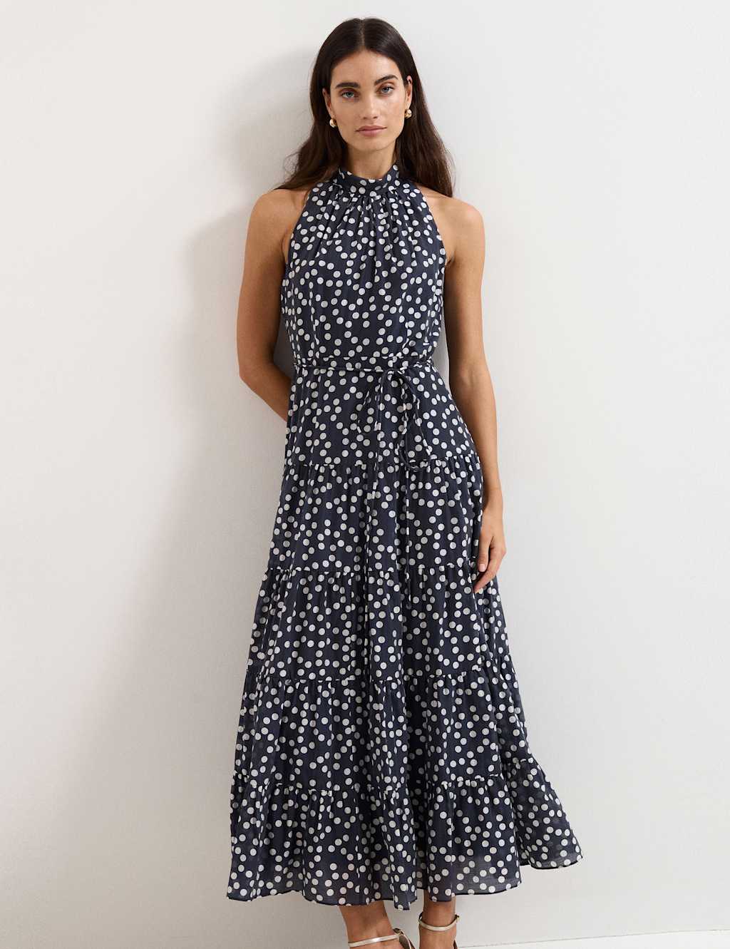Phase Eight Women's Lyocell Rich Polka Dot Maxi Tiered Dress - 16 - Navy Mix - Available at M&S