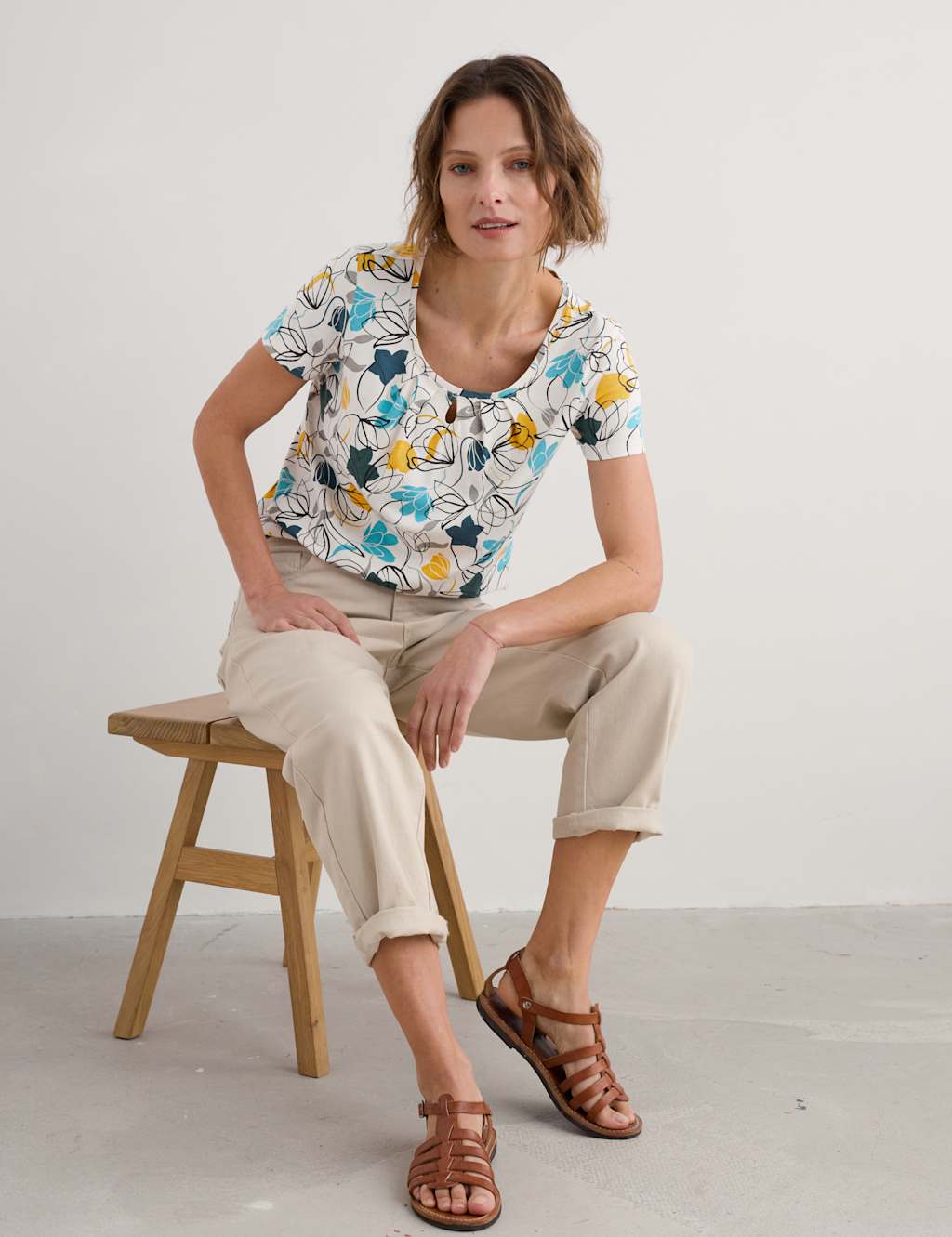 Cotton Blend Floral Keyhole T-Shirt