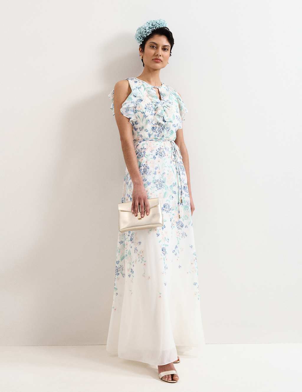 Phase Eight Women's Floral Ruffle Belted Maxi Waisted Dress - 10 - Ivory Mix - Available at M&S
