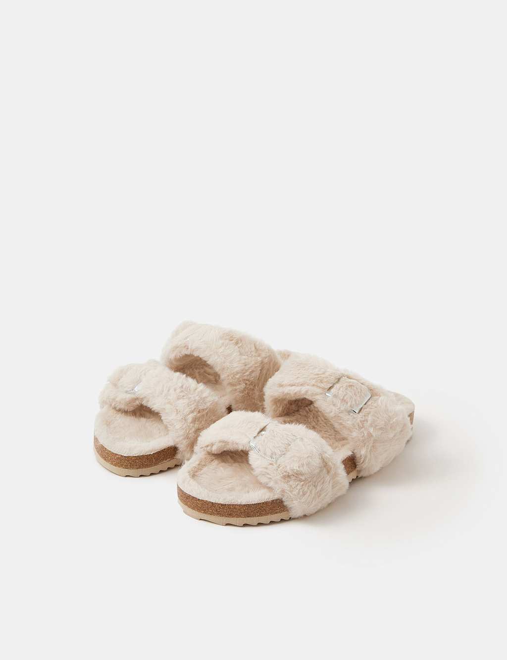 ACCESSORIZE Faux Fur Buckle Open Toe Mule Slippers Cream