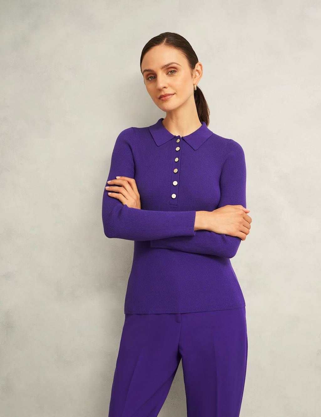 HOBBS Ribbed Knitted Collared Button Detail Top Purple