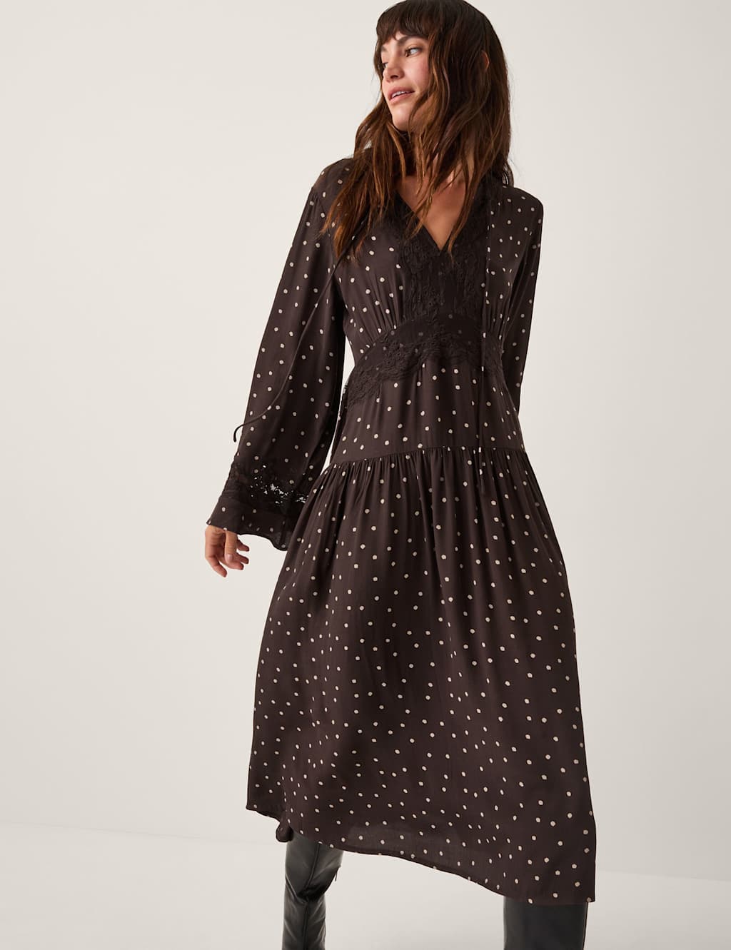 Monsoon Polka Dot V-Neck Midi Waisted Dress Chocolate