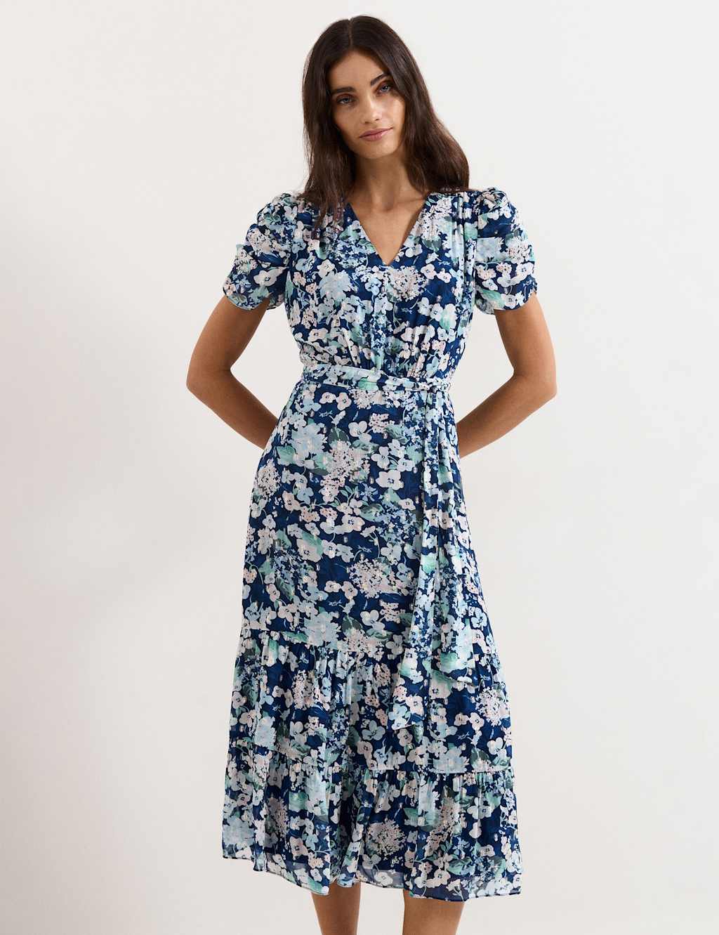 Phase Eight Women's Floral V-Neck Midi Tiered Waisted Dress - 10 - Indigo Mix - Available at M&S