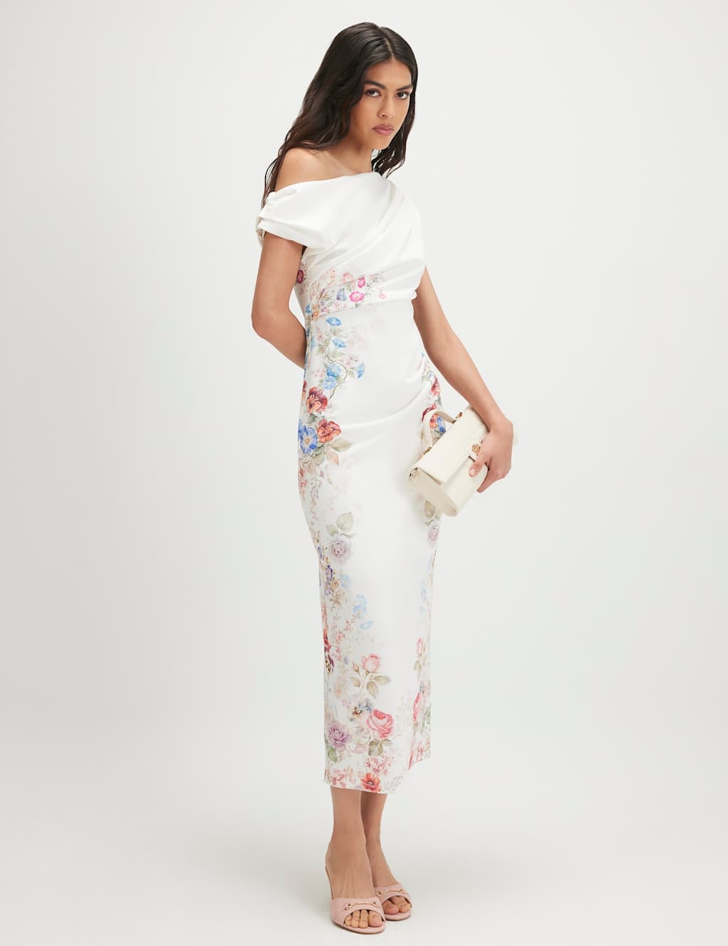 River Island Women's Floral One Shoulder Midi Bodycon Dress - Small - Cream Mix - Available at M&S
